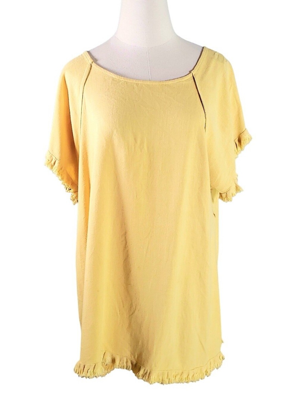 Umgee USA Butter Yellow Dolman Raw Edge Shift Dress L Linen Cotton Beach Coastal